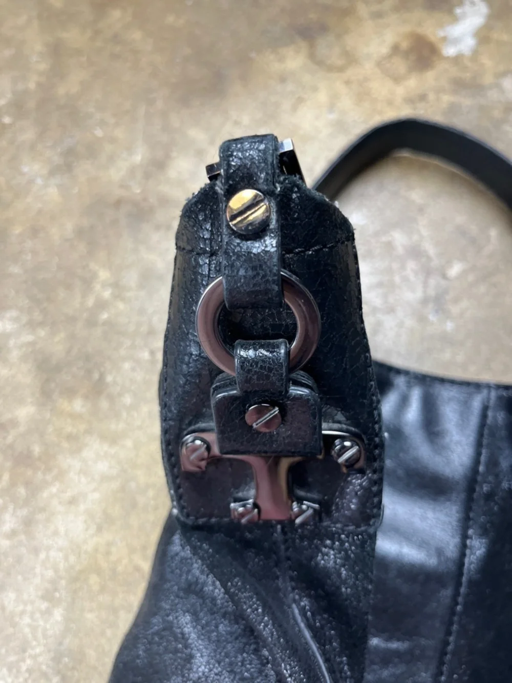Tory Burch Cracked Leather Hobo Shoulder Bag with Gunmetal Hardware